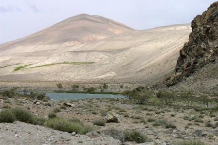Derniers arbustes vers 3500m. Le vallon de la rivière Pamir devient moins encaissé à l'approche des hauts plateaux.