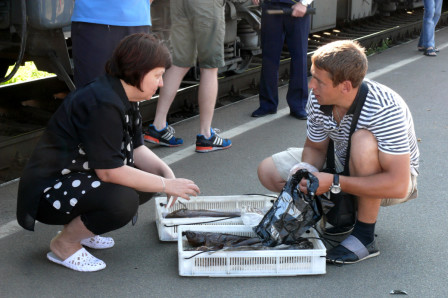 Une passagère achète du poisson séché sur le quai de la gare, août 2014